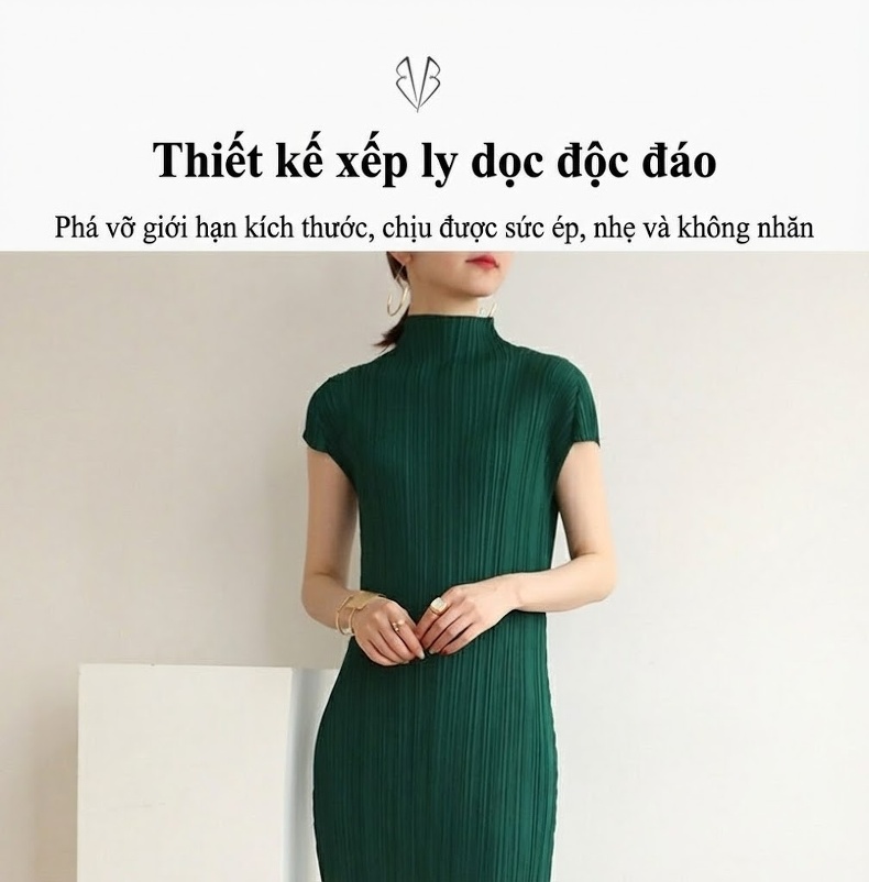 Váy Suông Nữ Pleats Dáng Dài Cổ Lọ Xẻ Tà Thiết Kế Thời Trang Màu Be, Xám, Đen, Xanh... chi tiết 1