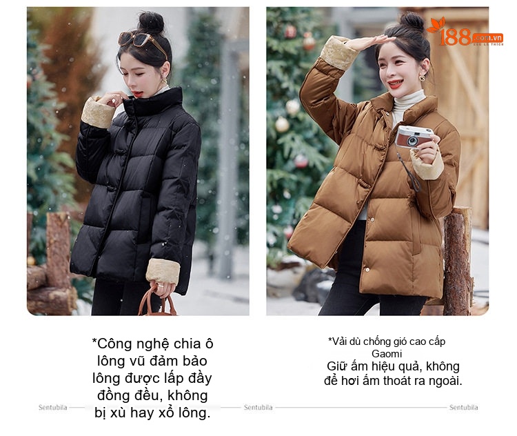 Áo Khoác Phao Nữ Cổ Trụ Tay Bo Chun Cúc Bấm Phong Cách Cổ Điển Lót Lông Vịt Trắng 90 Màu Nâu, Trắng, Đen chi tiết 4