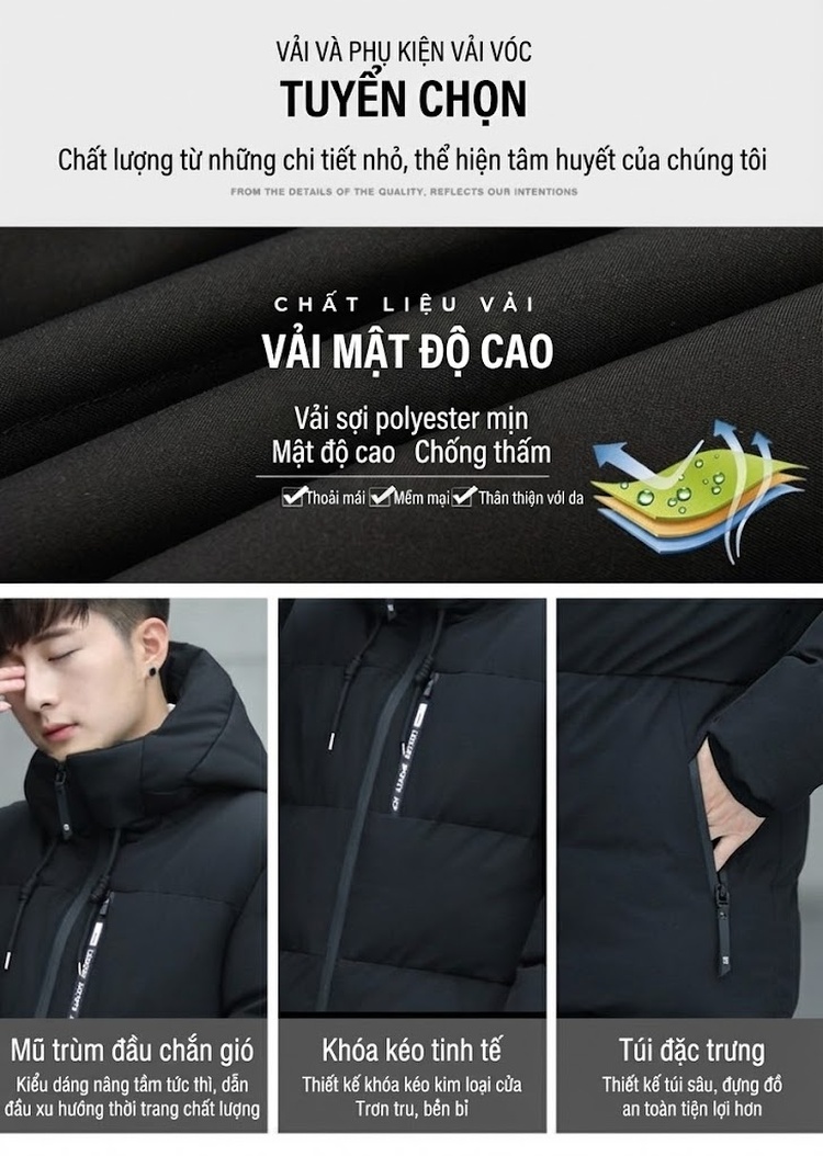Áo Khoác Nam Phao Dáng Dài Có Mũ Trùm Đầu Dày Dặn Giữ Ấm Màu Đen, Xanh Navy, Xanh Rêu chi tiết 3