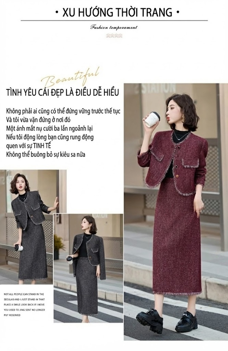 Set Áo Khoác và Chân Váy Tiểu Thư Phong Cách Pháp Thanh Lịch Màu Đỏ chi tiết 4