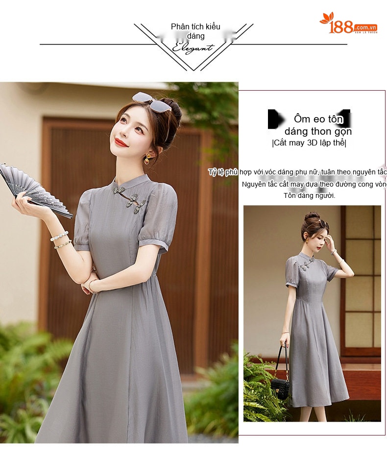 Váy Đầm Trung Hoa Cách Tân, Cổ Điển, Dáng Ôm Màu Tím, Xám, Xanh Lá chi tiết 8