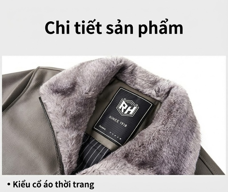 Áo Khoác Da PU Nam Lót Lông Cừu Cổ Bẻ Phong Cách Doanh Nhân Màu Xám chi tiết 14