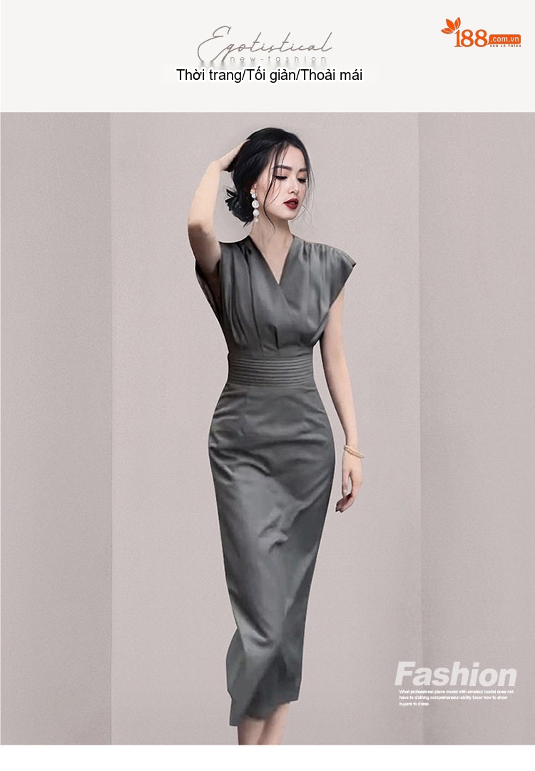 Váy Ôm Body Cổ chữ V Nữ Tay Lửng Thu Eo Thiết Kế Thanh Lịch Màu Xám chi tiết 1