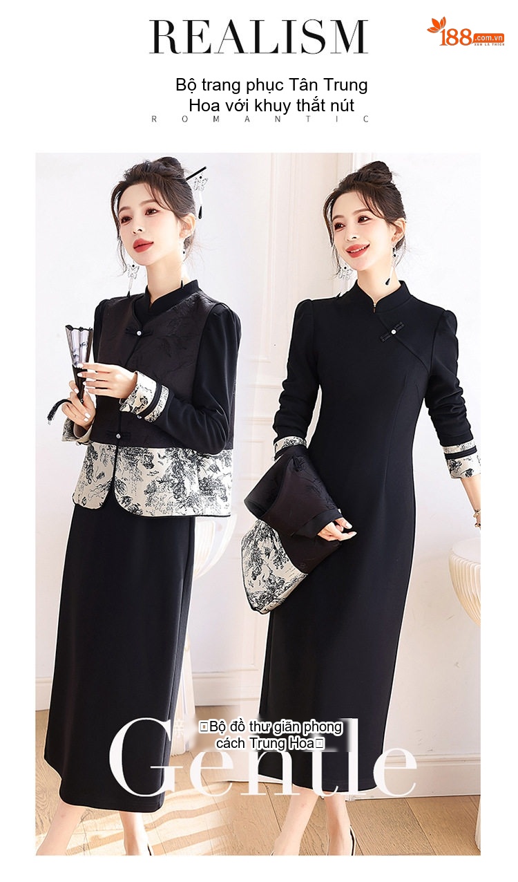 Set Áo Khoác và Chân Váy Dáng Ôm Họa Tiết Thêu Thanh Lịch Màu Đen chi tiết 5