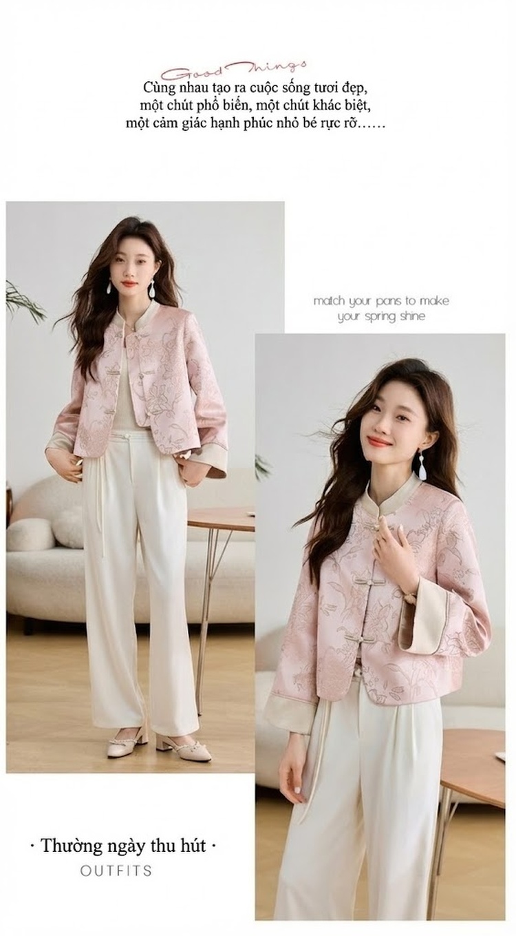 Áo Khoác Nữ Trung Hoa Cách Tân Phong Cách Quốc Dân Vải Satin Kiểu Áo Sườn Xám Thanh Lịch Màu Hồng, Kem chi tiết 13