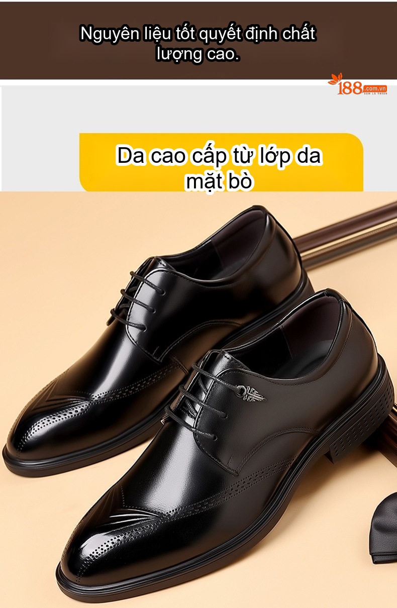 Giày Tây Buộc Dây Nam Da Bò Mềm Chiều Cao Đế Khoảng 3cm Màu Đen, Nâu chi tiết 3