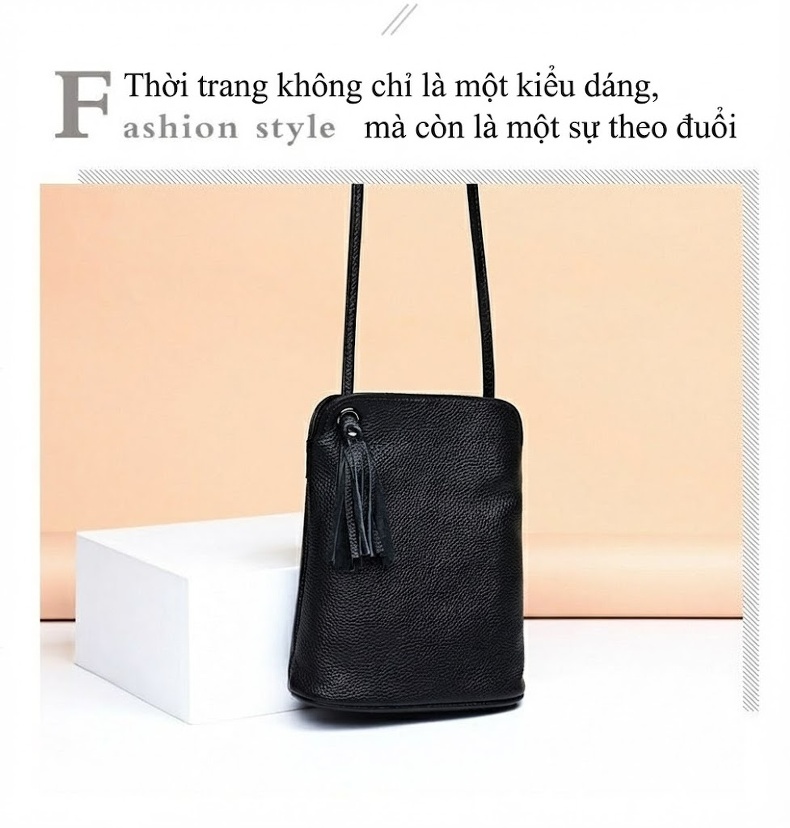 Túi Đeo Chéo Nữ Da Thật Mini Dáng Bucket Nhỏ Gọn Đựng Điện Thoại Màu Đen chi tiết 2