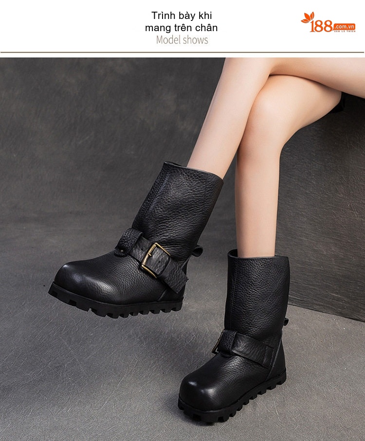Boot Nữ Cổ Lửng Da Bò Công Sở Khóa Cài Chiều Cao Đế Khoảng 3cm Màu Nâu, Đen chi tiết 8