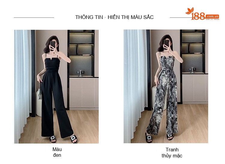Jumpsuit Nữ Dáng Dài Ống Rộng Họa Tiết Dây Đeo Màu Đen, Trắng Xám chi tiết 5