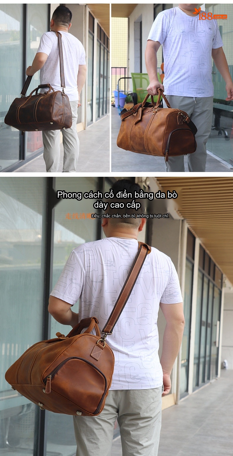 Túi Du Lịch Nam Da Bò Đầu Lớp Dáng Trống Đeo Chéo Vai Xách Tay Thủ Công Vintage Màu Nâu, Đen chi tiết 5