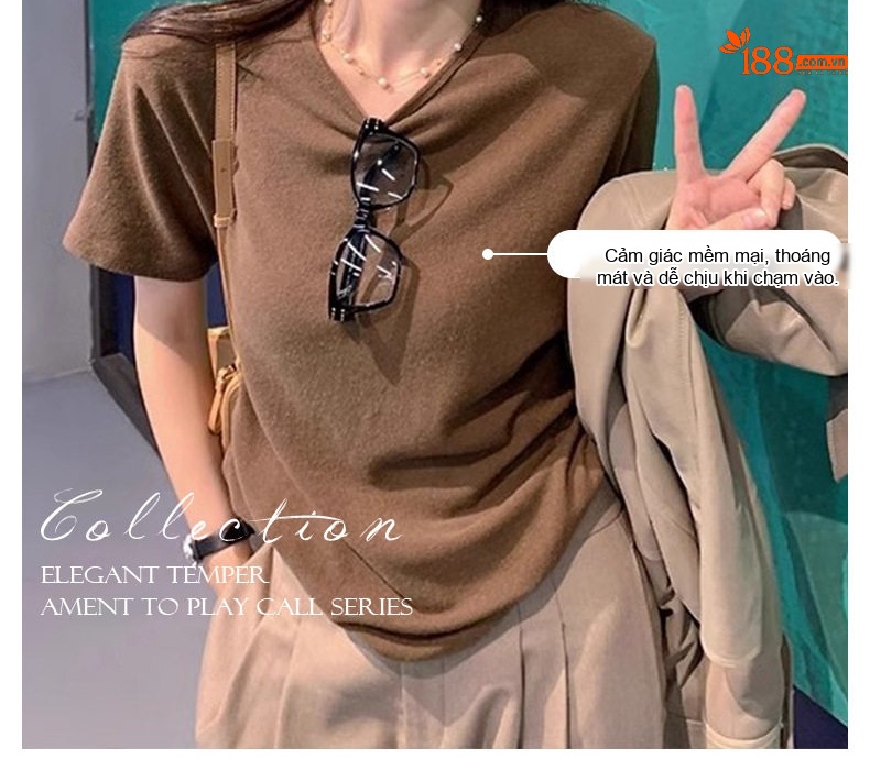 Áo Thun Nữ Tay Ngắn Cổ Tròn Cotton Dáng Rộng Màu Xanh Dương, Nâu chi tiết 4