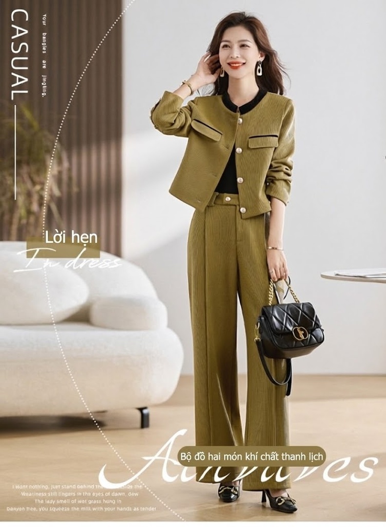 Bộ Vest Nữ Quần Ống Rộng Công Sở Thanh Lịch Màu Đen, Xanh Rêu, Nâu chi tiết 1