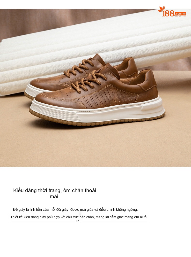Giày Sneaker Nam Da Thật Thoáng Khí Chiều Cao Đế Khoảng 3.5cm Màu Trắng, Đen, Nâu chi tiết 3