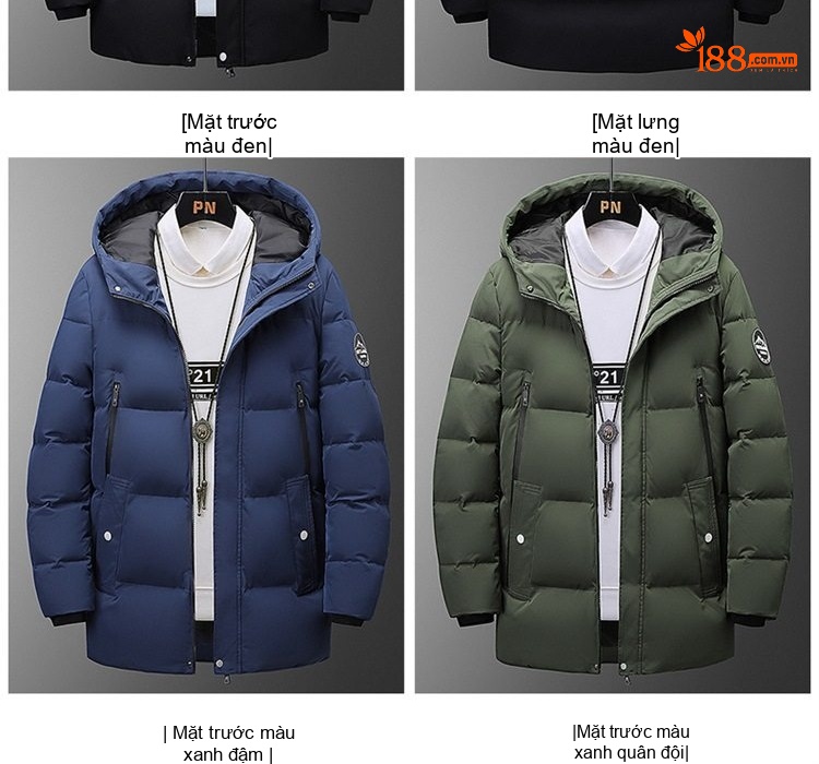 Áo Khoác Cotton Nam Dáng Dài Có Mũ Trùm Đầu Dày Dặn Giữ Ấm Phong Cách Thời Trang Màu Đen, Xanh Navy, Xanh Rêu chi tiết 12