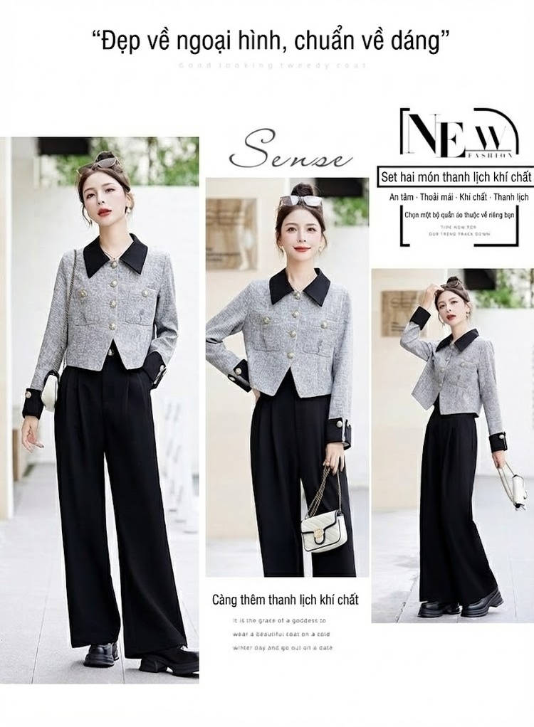 Bộ Set Áo Khoác Quần Ống Rộng Nữ Phong Cách Tiểu Thư Thanh Lịch Màu Be, Xám, Đen chi tiết 2