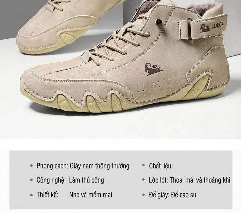 Giày Cao Cổ Nam Giữ Ấm Da Mờ Thể Thao Đế Bệt Chiều Cao Đế Khoảng 3cm Màu Kem, Nâu, Xám chi tiết 1
