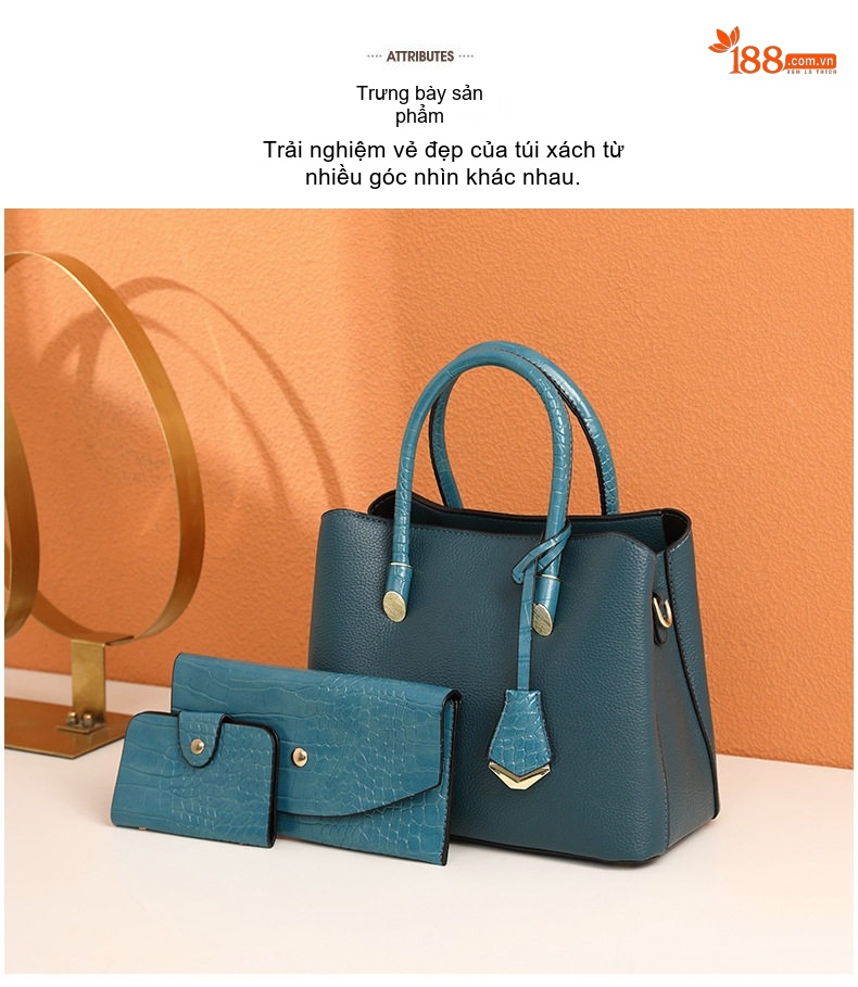Set Túi Tote Nữ Vân Cá Sấu Lớn 3 Món Da Bóng Màu Đen, Xám, Xanh, Be chi tiết 9