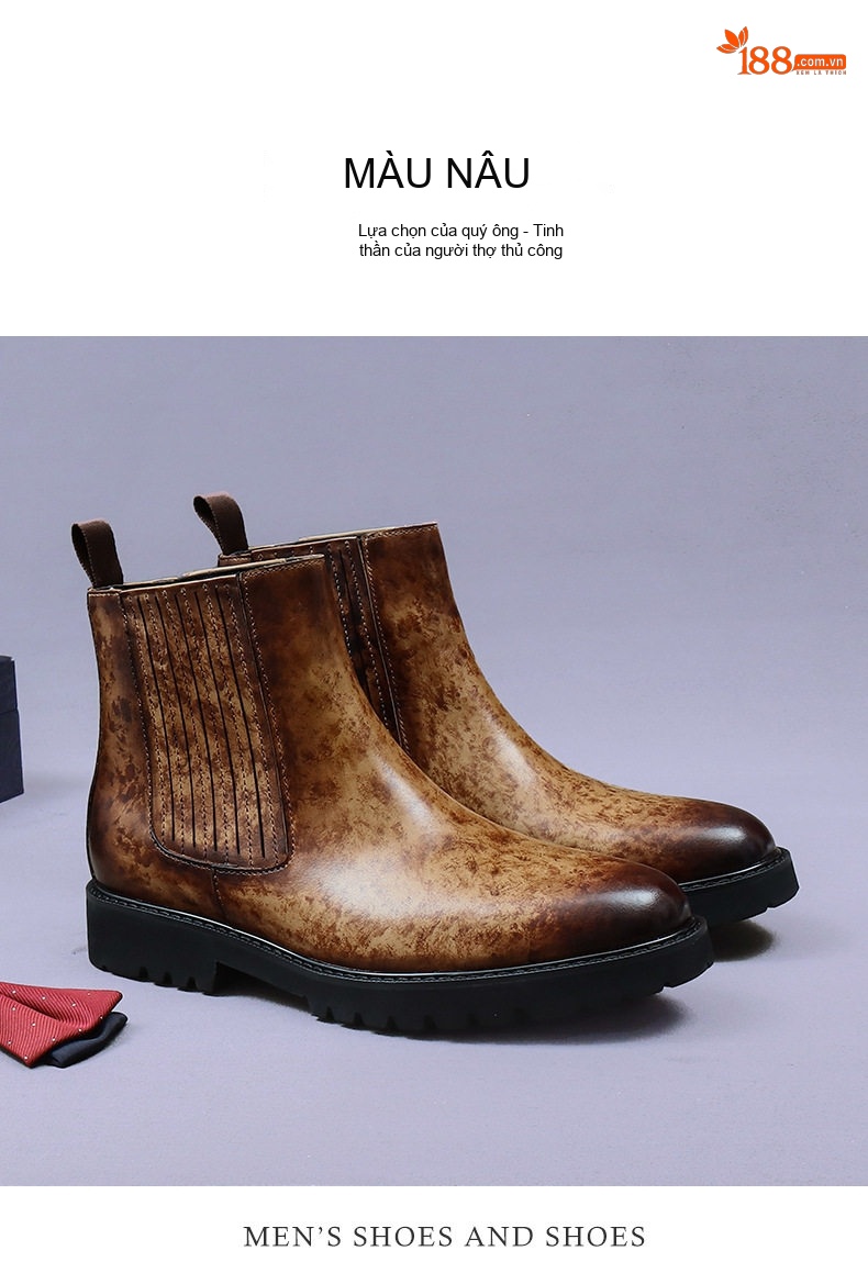 Boot Chelsea Nam Da Bò Đế Cao Khoảng 4cm Màu Đen, Nâu chi tiết 10