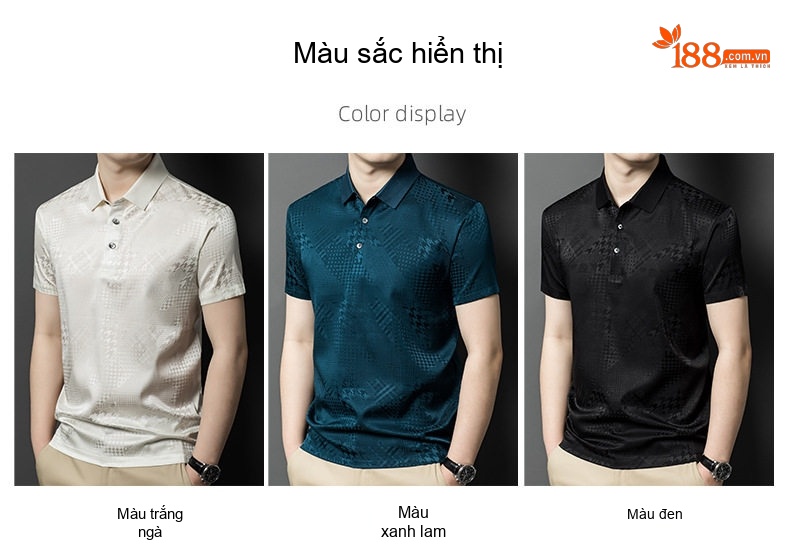 Áo Polo Nam Tay Ngắn桑蚕丝 Dệt Jacquard Thoáng Khí Màu Trắng, Xanh, Đen chi tiết 8
