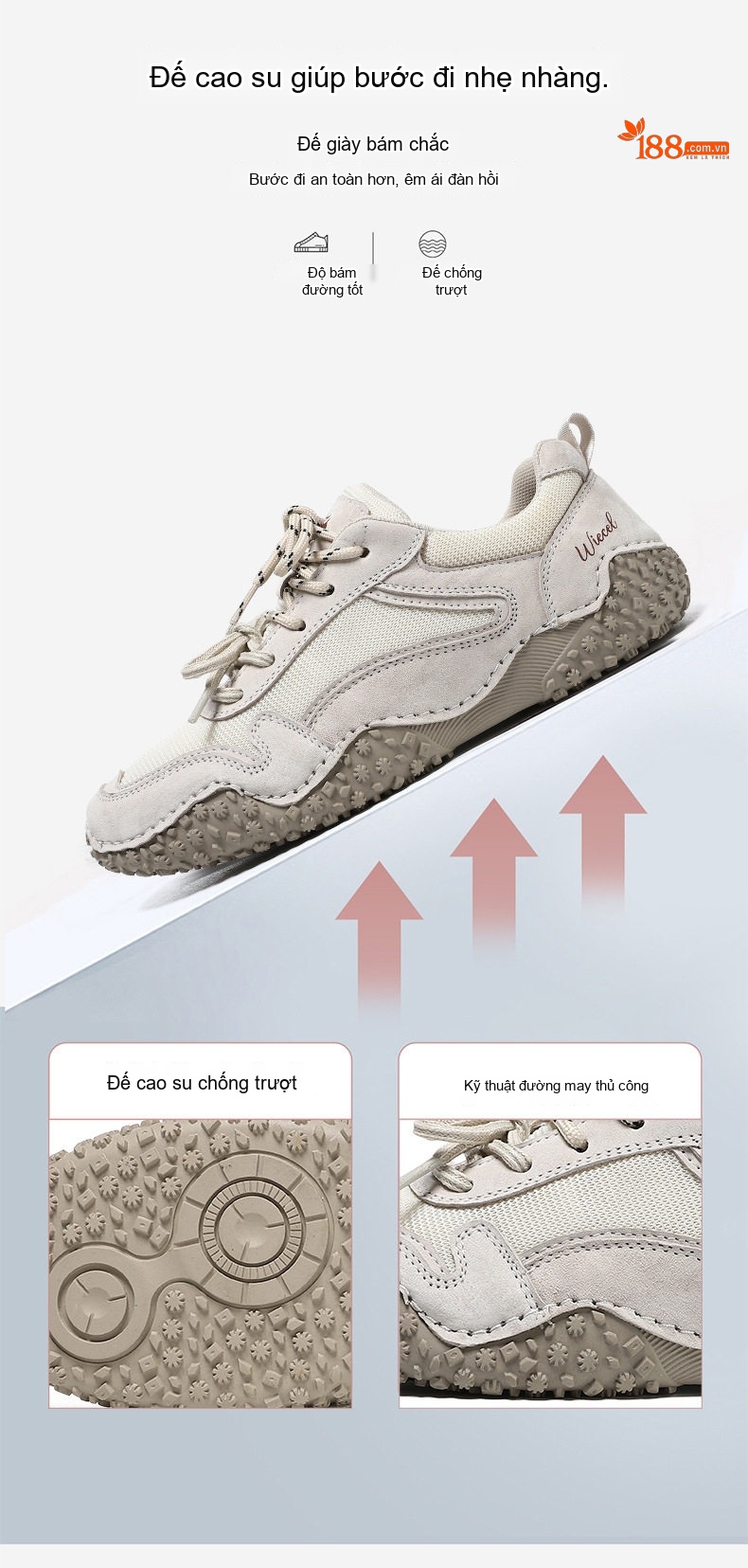 Giày Outdoor Nam Nữ Da Mờ Buộc Dây Chiều Cao Đế Khoảng 3cm Màu Nâu, Kem, Đỏ chi tiết 9
