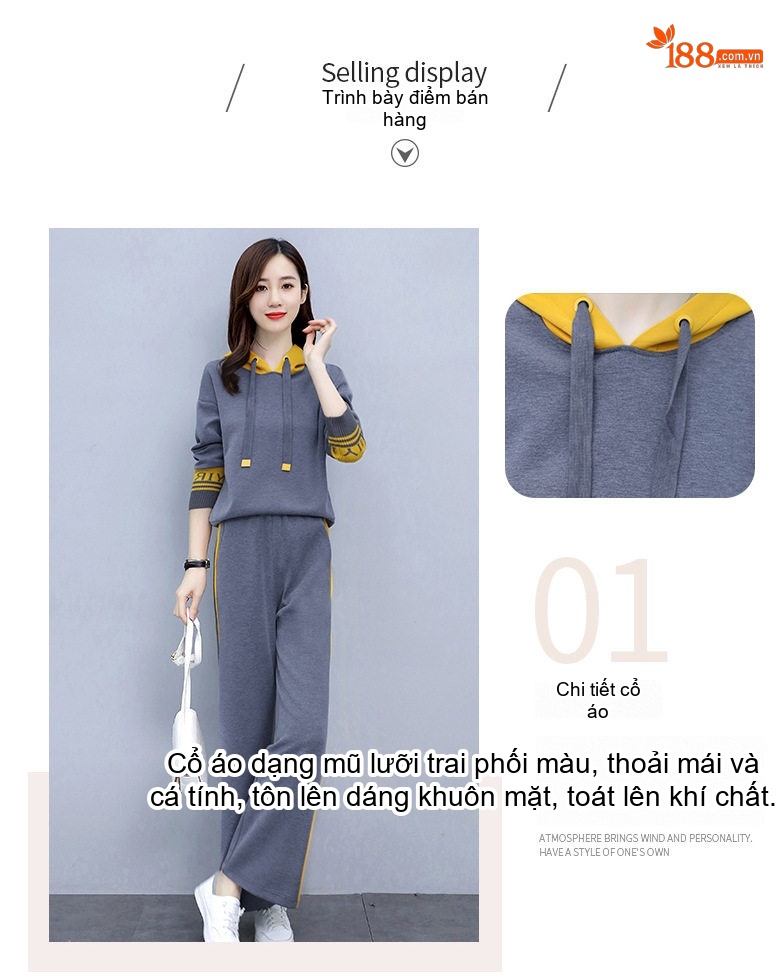 Bộ đồ thể thao nữ dệt kim áo hoodie quần ống rộng phong cách thời trang chi tiết 6