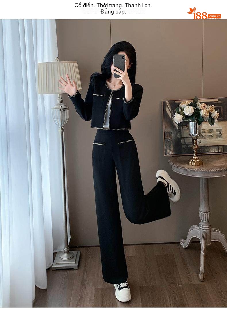 Set Bộ Quần Áo Dài Tay Nữ Phong Cách Hàn Quốc Trẻ Trung Màu Đen chi tiết 13