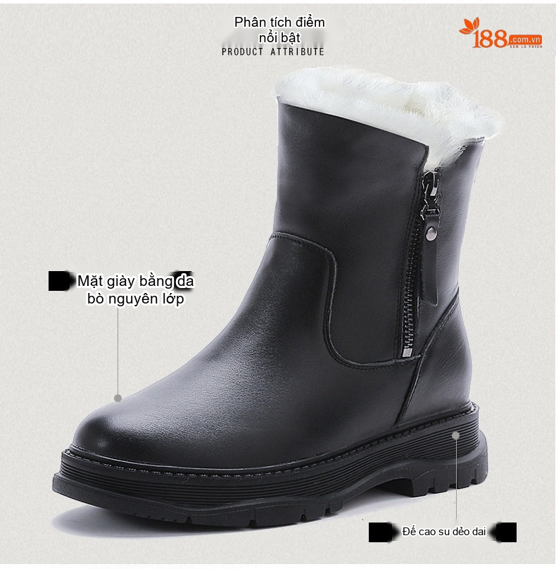Boot Nữ Da Bóng Lót Lông Cừu Giữ Ấm Mùa Đông Chiều Cao Đế Khoảng 4cm Màu Đen chi tiết 3