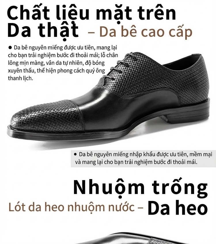 Giày Tây Buộc Dây Nam Da Bò Chiều Cao Đế Khoảng 3cm Màu Đen, Nâu chi tiết 4