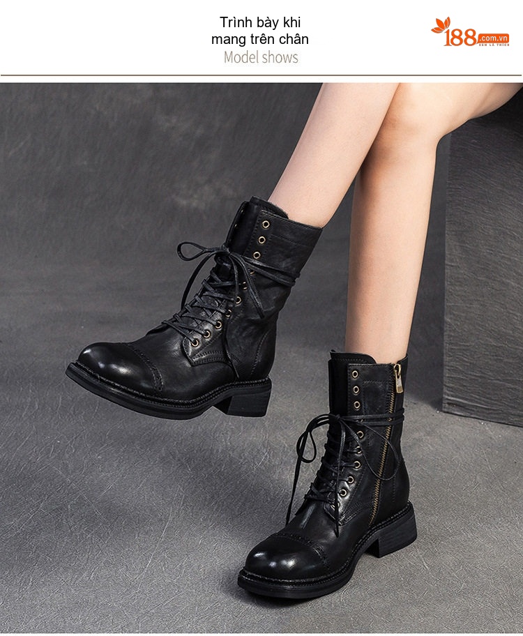 Boot Nữ Cổ Cao Da Bóng Kiểu Anh Chiều Cao Đế Khoảng 3cm Màu Đen, Nâu chi tiết 7