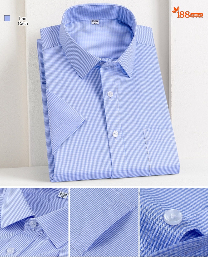 Áo Sơ Mi Nam Cotton Ngắn Tay Dáng Ôm Chống Nhăn Màu Trắng, Xanh Dương, Tím, Xám... chi tiết 8