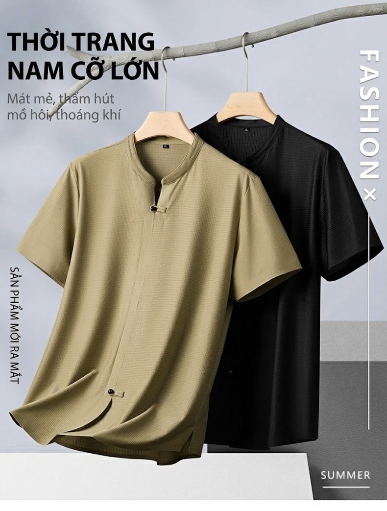 Áo Thun Nam Tay Ngắn Cổ Tàu Dáng Rộng Phong Cách Trung Hoa Màu Be, Đen chi tiết 1