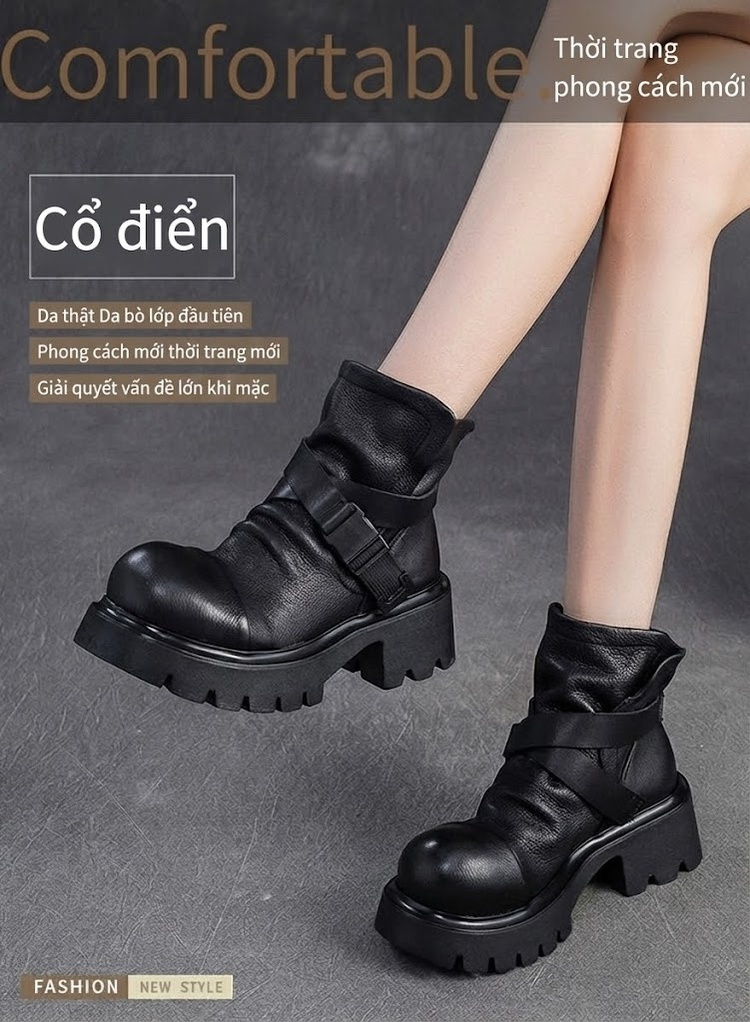 Giày Martin Nữ Da Bò Cổ Cao Phong Cách Anh Quốc Chiều Cao Đế Khoảng 5cm Màu Đen, Nâu chi tiết 1