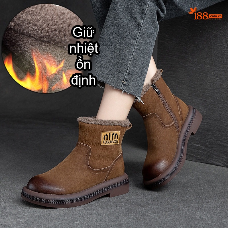 Boot Nữ Ngắn Cổ Lót Lông Giữ Ấm Mùa Đông Chiều Cao Đế Khoảng 3cm Màu Nâu
