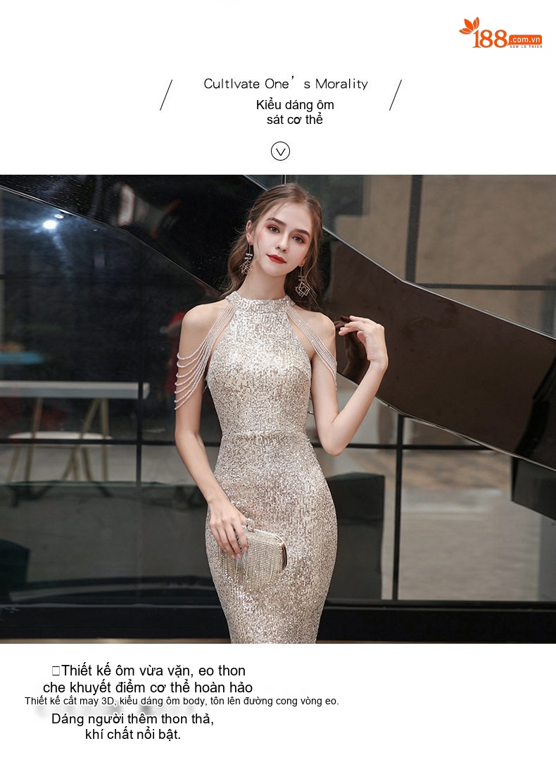 Váy Dạ Hội Dáng Đuôi Cá Hở Vai Sang Trọng Cho Tiệc Tối, Đính Hôn Màu Vàng Đồng chi tiết 3