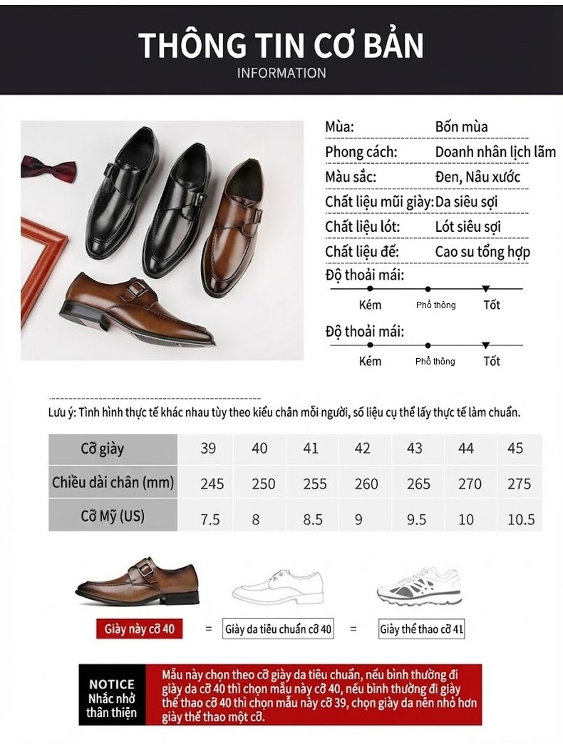 Giày Tây Nam Da Bóng Khóa Cài Chiều Cao Đế Khoảng 3cm Màu Đen, Nâu chi tiết 7