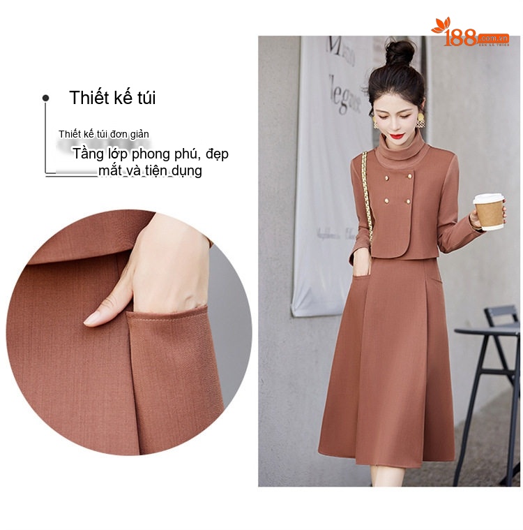 Váy Liền Thân Nữ Thiết Kế Giả Hai Lớp dáng chữ A Sang Trọng Màu Nâu, Đen, Xanh Olive chi tiết 7