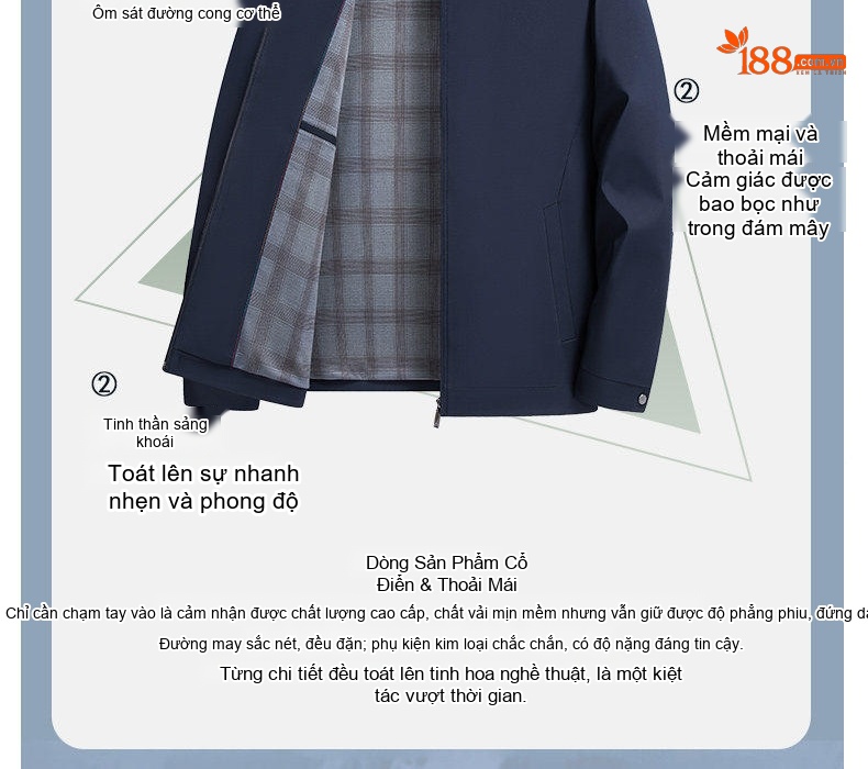 Áo Khoác Nam Mỏng Cổ Trụ Dáng Suông Phong Cách Lịch Sự Màu Xanh Navy, Kem chi tiết 9