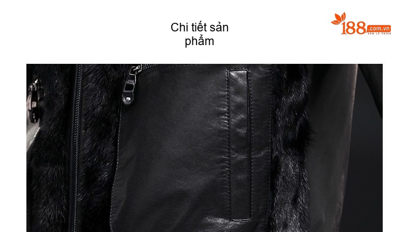 Áo Khoác Da Thật Nam Dáng Bomber Cổ Lông Chồn, Da Dê Màu Đen chi tiết 16