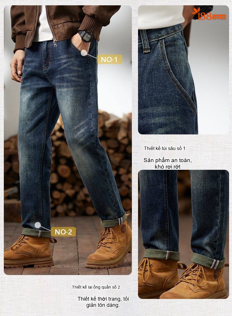 Quần Jean Nam Cotton Dáng Ôm Vừa Vặn Màu Xanh Denim chi tiết 16