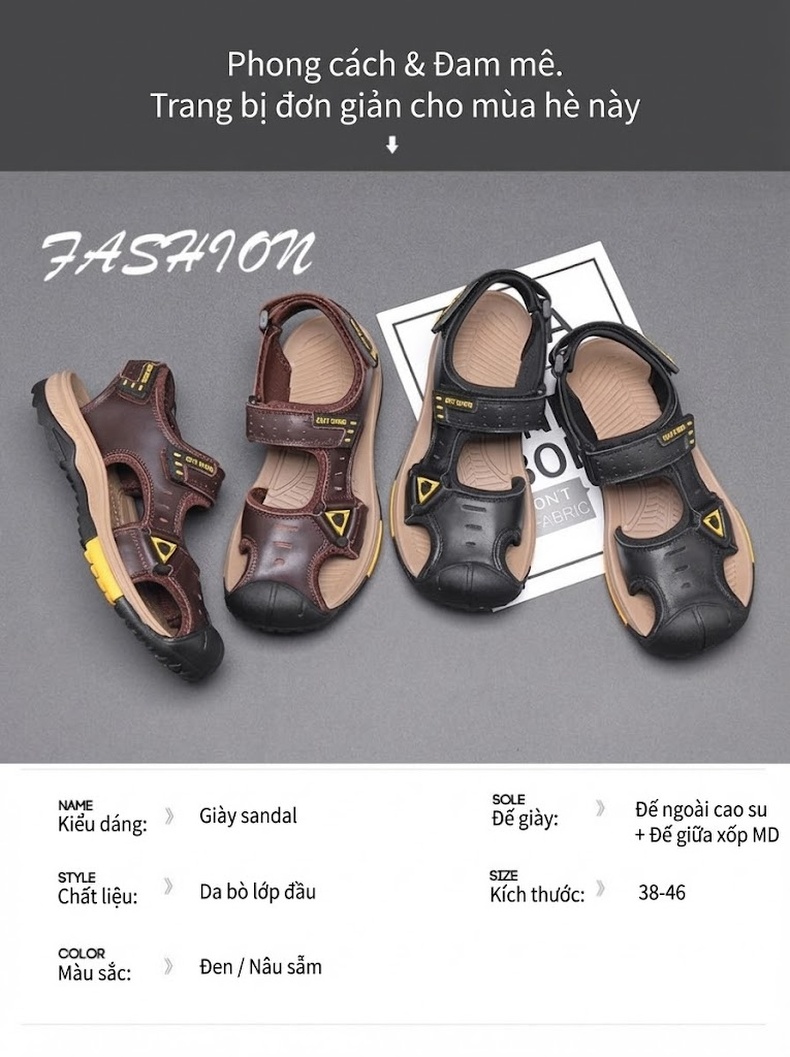 Dép Sandal Nam Da Thật Quai Dán Đế Cao Su Chống Trượt Bít Mũi Đi Biển, Đi Phượt (đế cao 3 cm) chi tiết 11