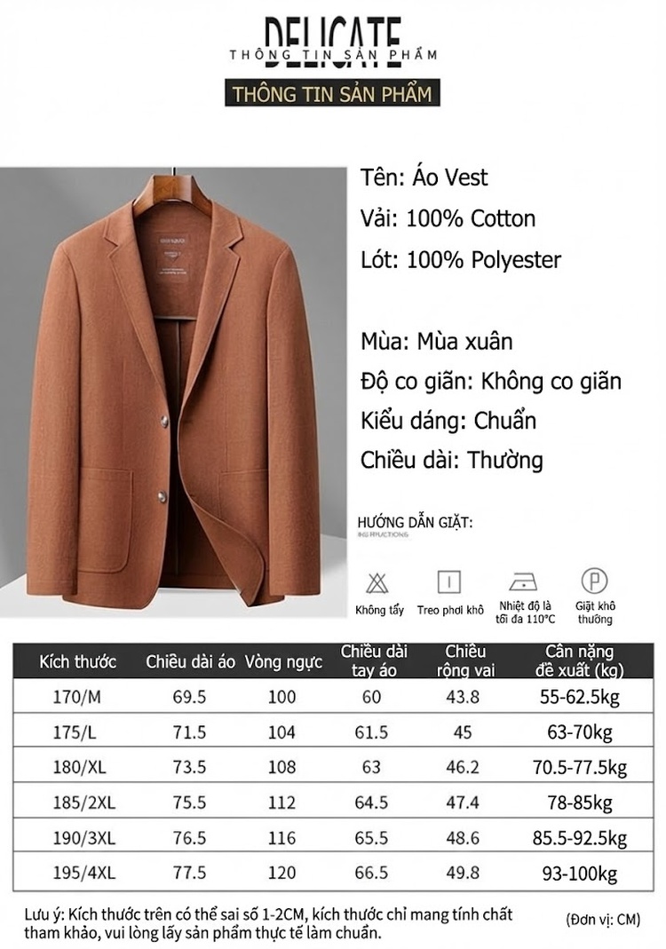 Áo Vest Blazer Nam Cotton Mát Mẻ Phong Cách Casual Màu Nâu, Xanh, Đen, Kem... chi tiết 3