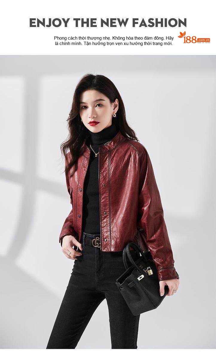 Áo Khoác Bomber Nữ Da Bò Dáng Ngắn Phong Cách Retro Màu Đỏ chi tiết 3
