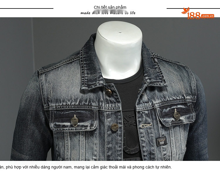 Áo Khoác Jean Nam Wash Rách In Hình Cá Tính Màu Xanh Đen chi tiết 9