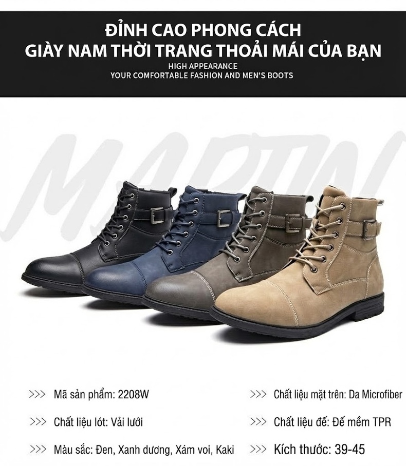 Giày Boot Công Sở Nam Cổ Cao Da Bóng Buộc Dây Khóa Bên Chiều Cao Đế Khoảng 3cm Màu Đen, Xám, Xanh Navy, Kem chi tiết 2