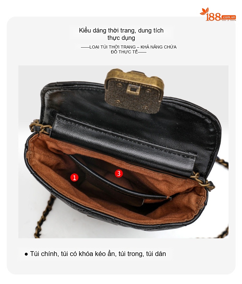 Túi Đeo Chéo Mini Nữ Da Bò Lớp Đầu Họa Tiết Trám Khóa Cài Dây Xích Màu Đen chi tiết 6