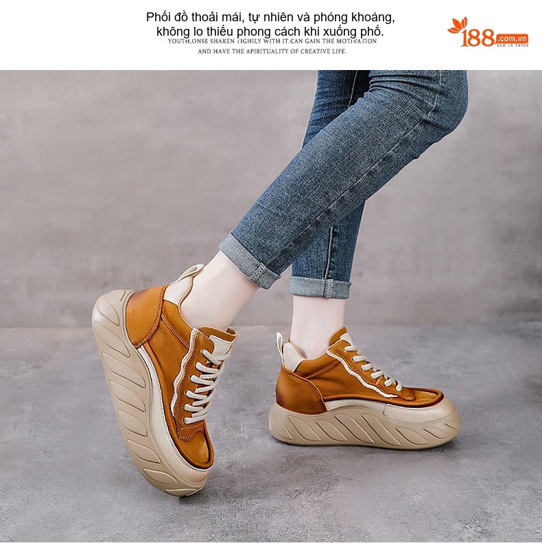 Giày Cao Cổ Nữ Da Bò Buộc Dây Chiều Cao Đế Khoảng 5cm Màu Nâu, Vàng chi tiết 12