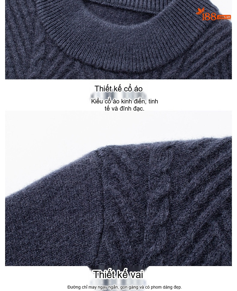 Áo Len Nam 100% Cashmere Dệt Kim Dày Dặn Giữ Ấm Cổ Cao Màu Nâu, Xám, Xanh Navy chi tiết 24