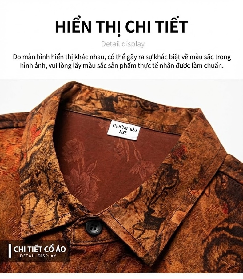 Áo Sơ Mi Nam Tay Ngắn Trung Niên Họa Tiết Vân Gấm Chất Tơ Tằm Sang Trọng Màu Nâu Đất chi tiết 15