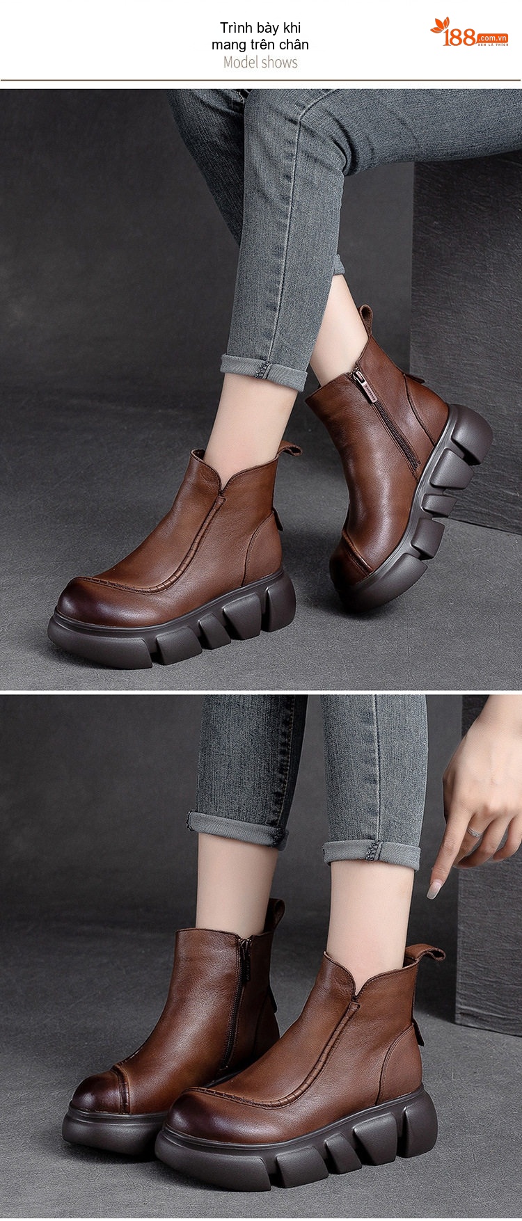 Boot Nữ Da Bò Cổ Lửng Khóa Kéo Bên Hông Chiều Cao Đế Khoảng 5cm Màu Đen, Nâu chi tiết 7
