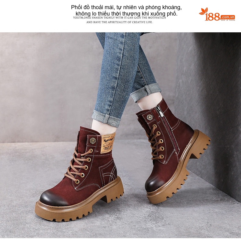 Boot Martin Nữ Da Bò Cổ Cao Đế Dày Phong Cách Retro Chiều Cao Đế Khoảng 5cm Màu Nâu, Đen, Đỏ... chi tiết 15
